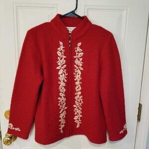 Coldwater Creek Red Wool Sweater Jacket Zip Cardigan Embroidered Detail Sz Med